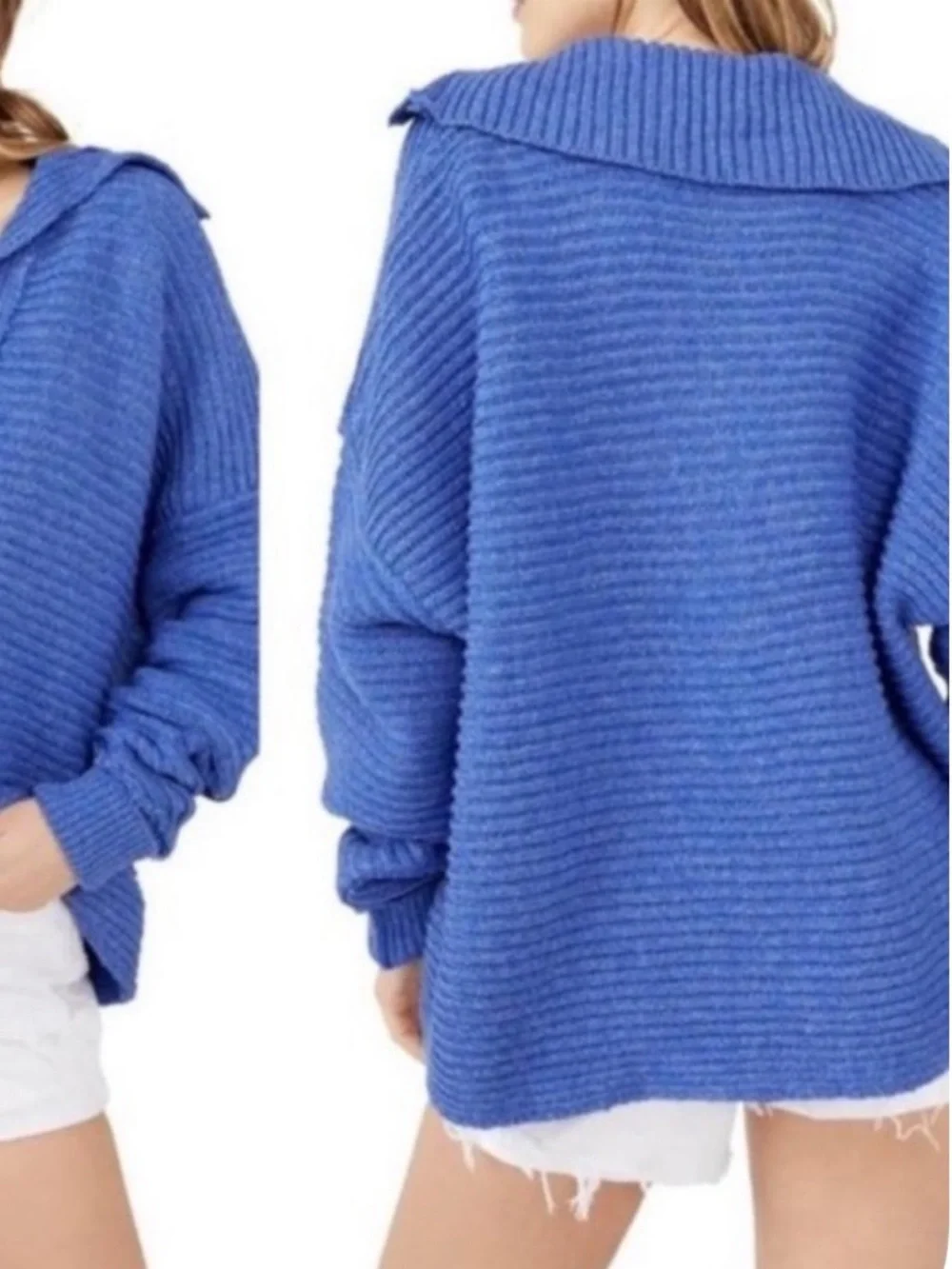 🦋Free People‎ Oversized Small Marley collared V-neck Blue sweater MSRP $128